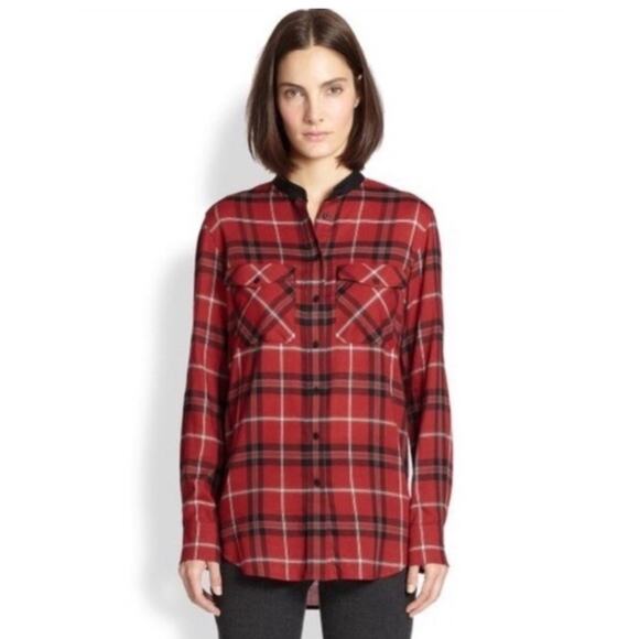 VINCE Plaid Lamb Leather Trim Long Sleeve Button Down Shirt Red 6 - Picture 1 of 4